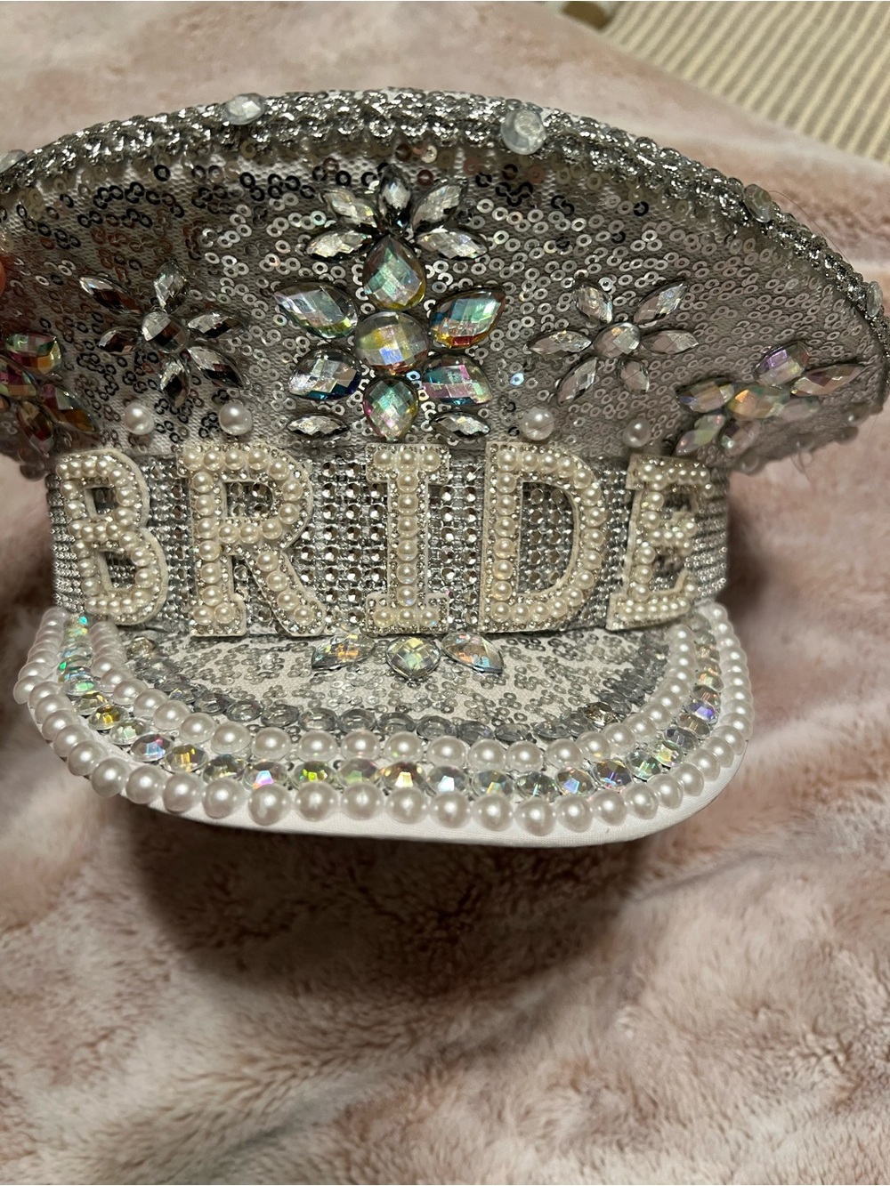 Bride Embellished Pearl & Crystal White Cap